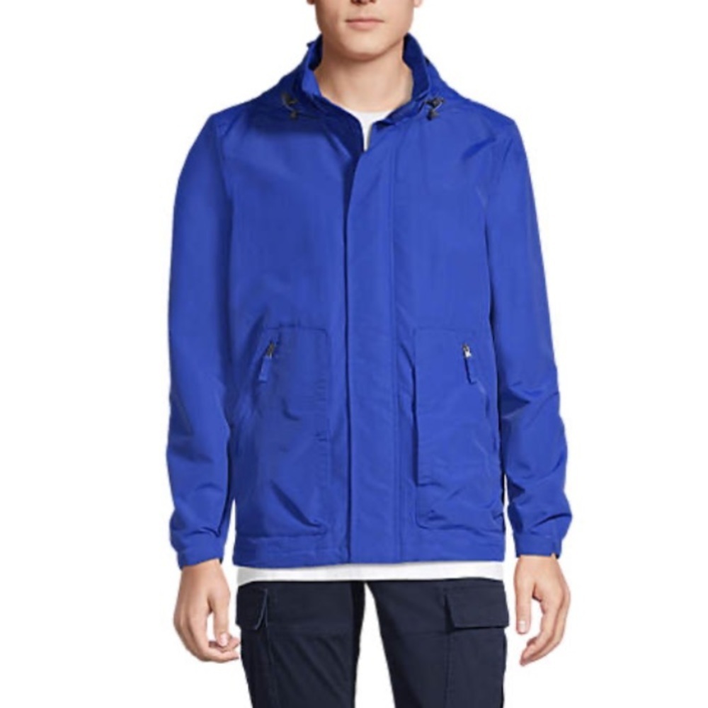 LANDSEND Mens Outrigger Mesh Lined Jacket Stow Away Hood Water Repellent Blue
